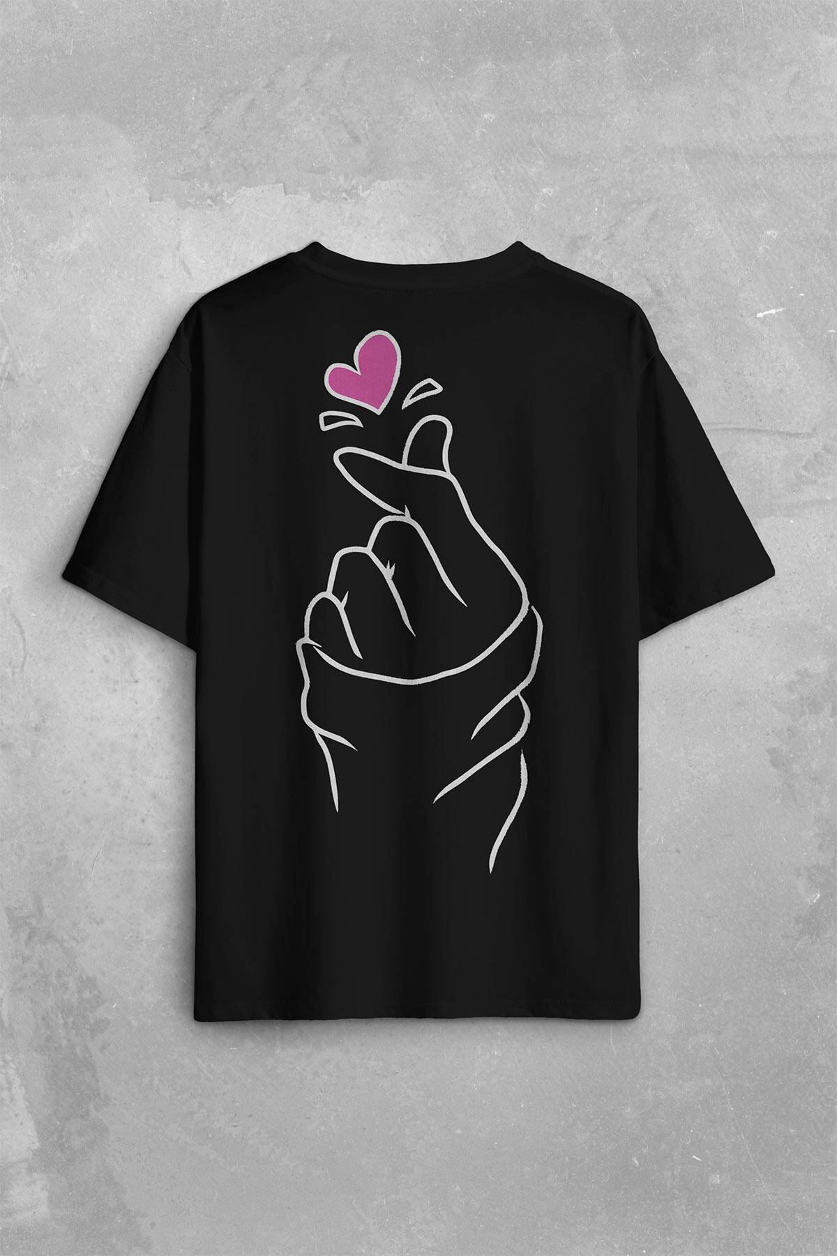 Seni Seviyorum Kore El İşareti Minimal Sırt Ön Baskılı Oversize Tişört Unisex T-Shirt - 1