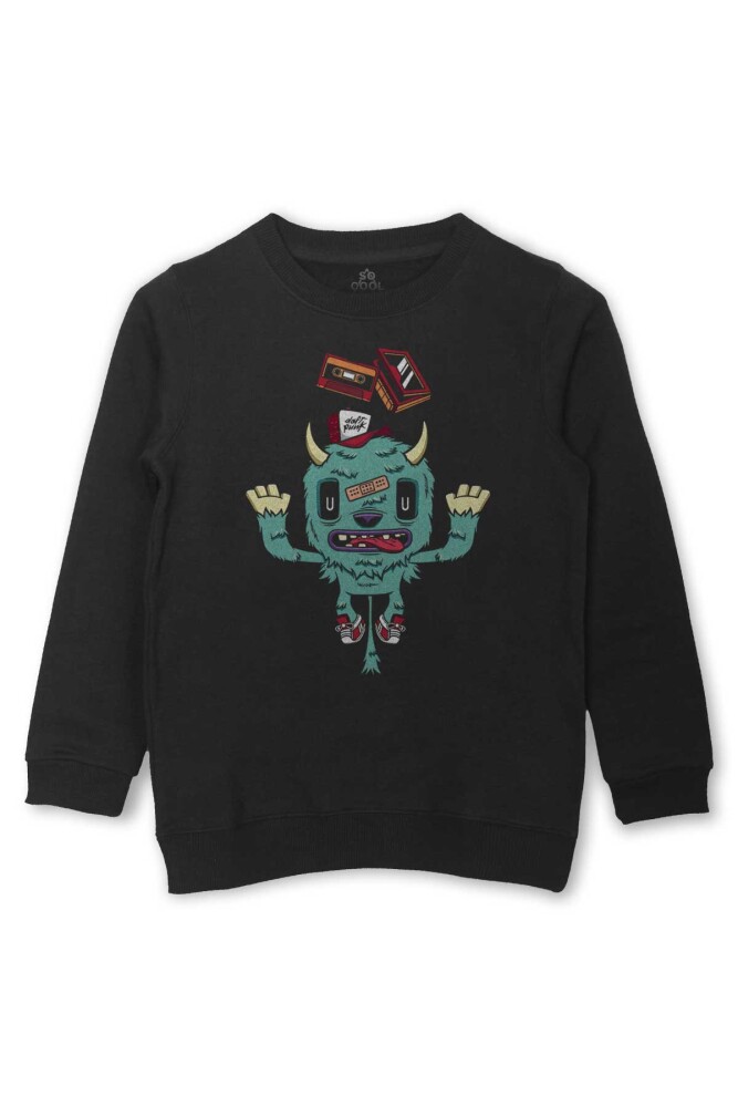 Sevimli Canavar Retro Daft Punk 90lar Baskılı Çocuk Sweatshirt Siyah Sweat - 1