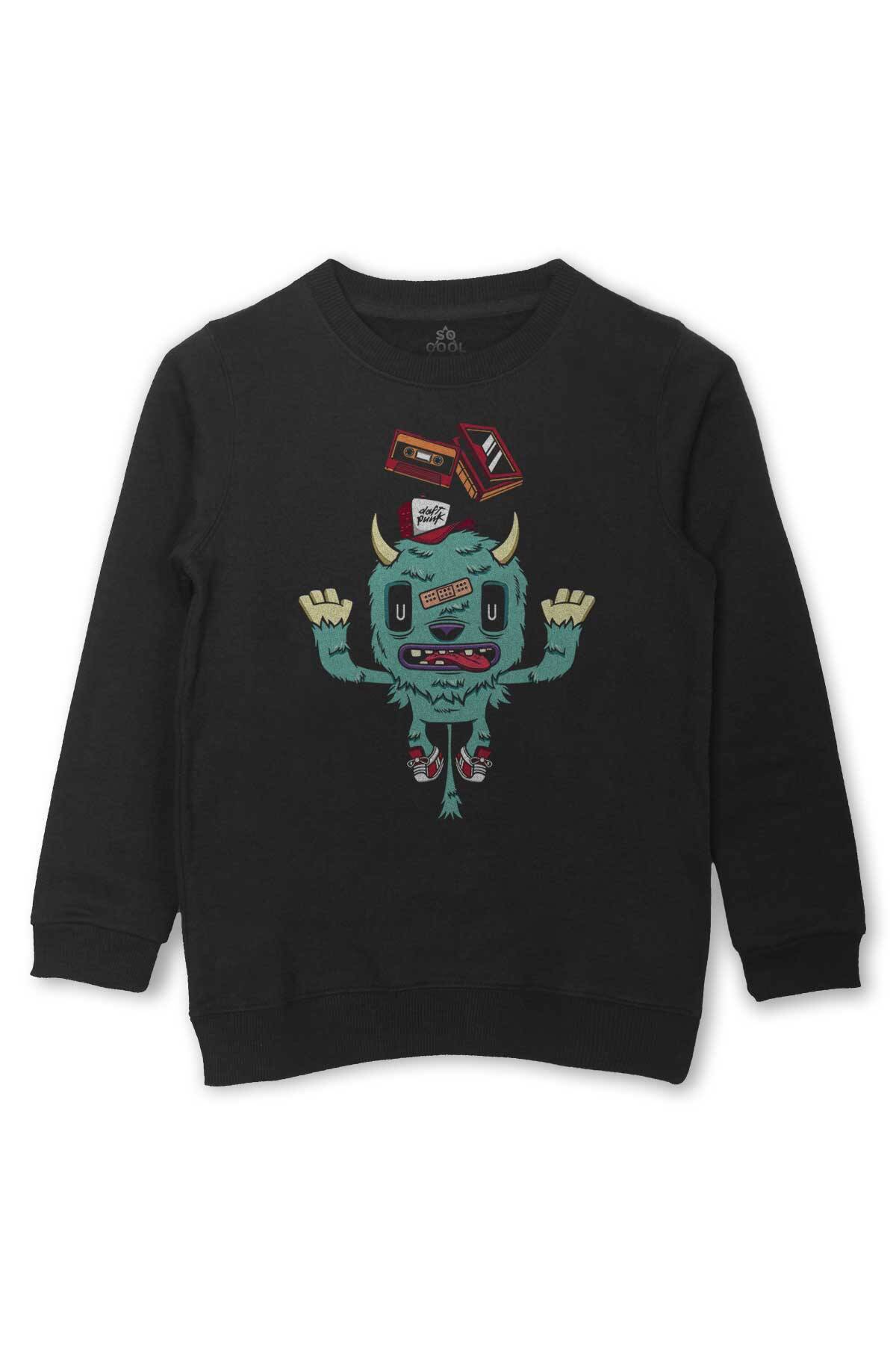 Sevimli Canavar Retro Daft Punk 90lar Baskılı Çocuk Sweatshirt Siyah Sweat - 1