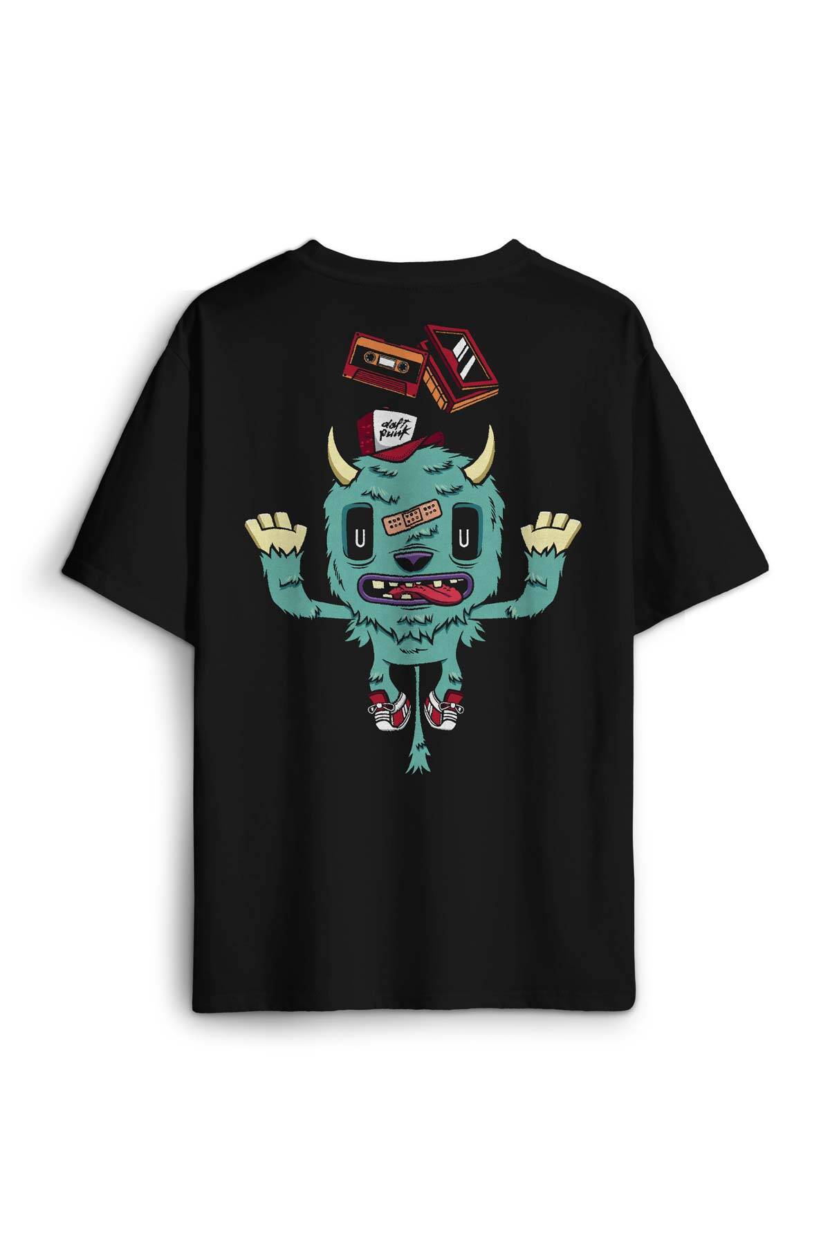 Sevimli Canavar Retro Monster Daft Punk 90lar Sırt Ön Baskılı Oversize Tişört Unisex T-Shirt - 1