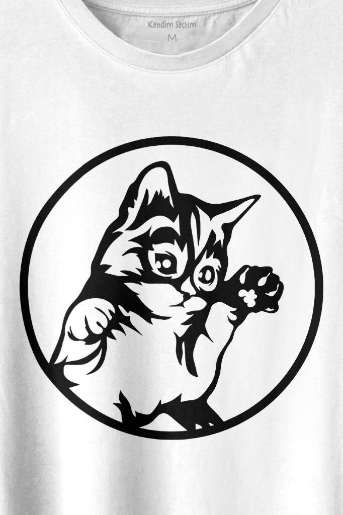 Sevimli Kedi Minik Patili Bıyıklı Cat Minnoş Baskılı Tişört Unisex T-shirt (1)