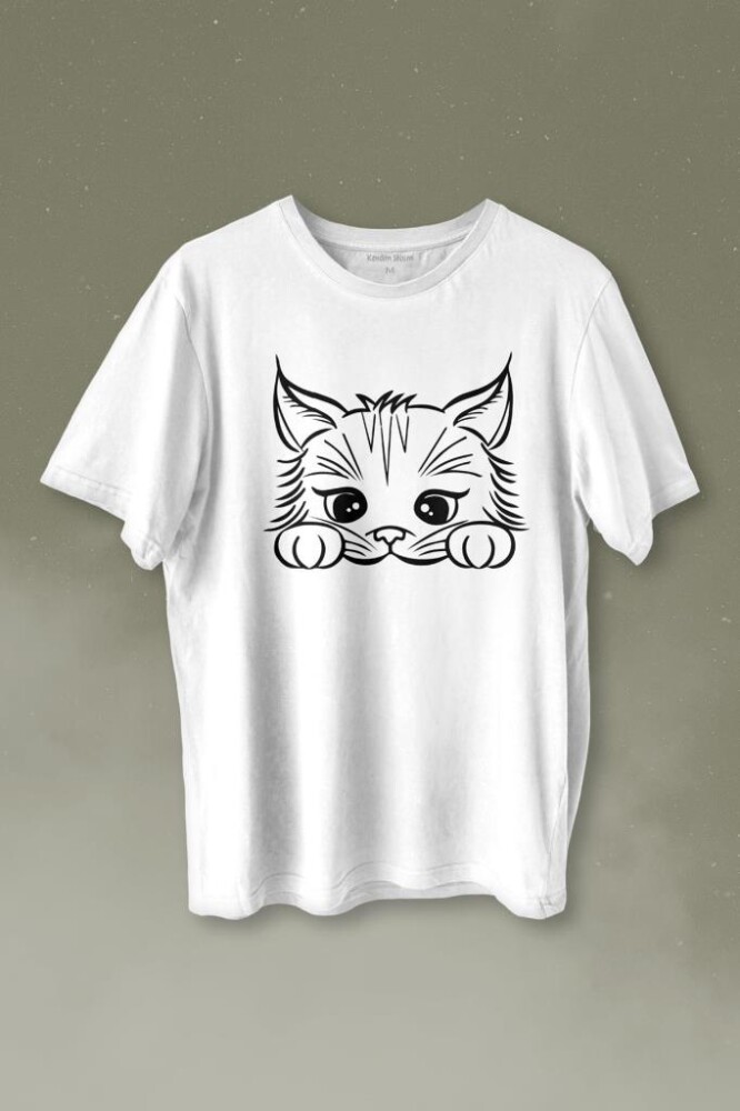 Sevimli Kedi Minik Patili Bıyıklı Cat Minnoş Baskılı Tişört Unisex T-shirt - KENDİM SEÇTİM