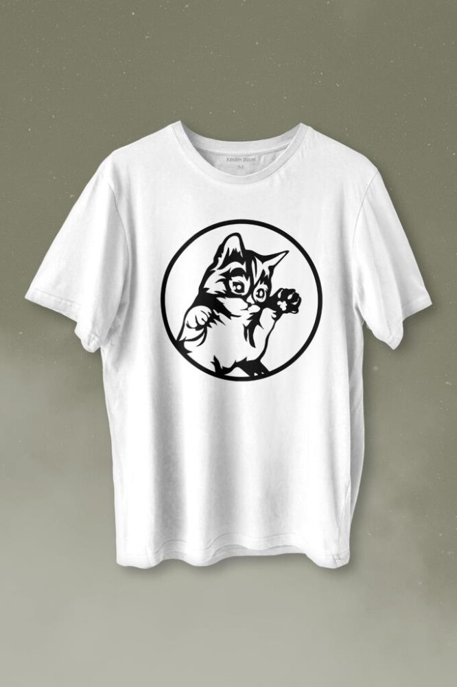 Sevimli Kedi Minik Patili Bıyıklı Cat Minnoş Baskılı Tişört Unisex T-shirt - 1