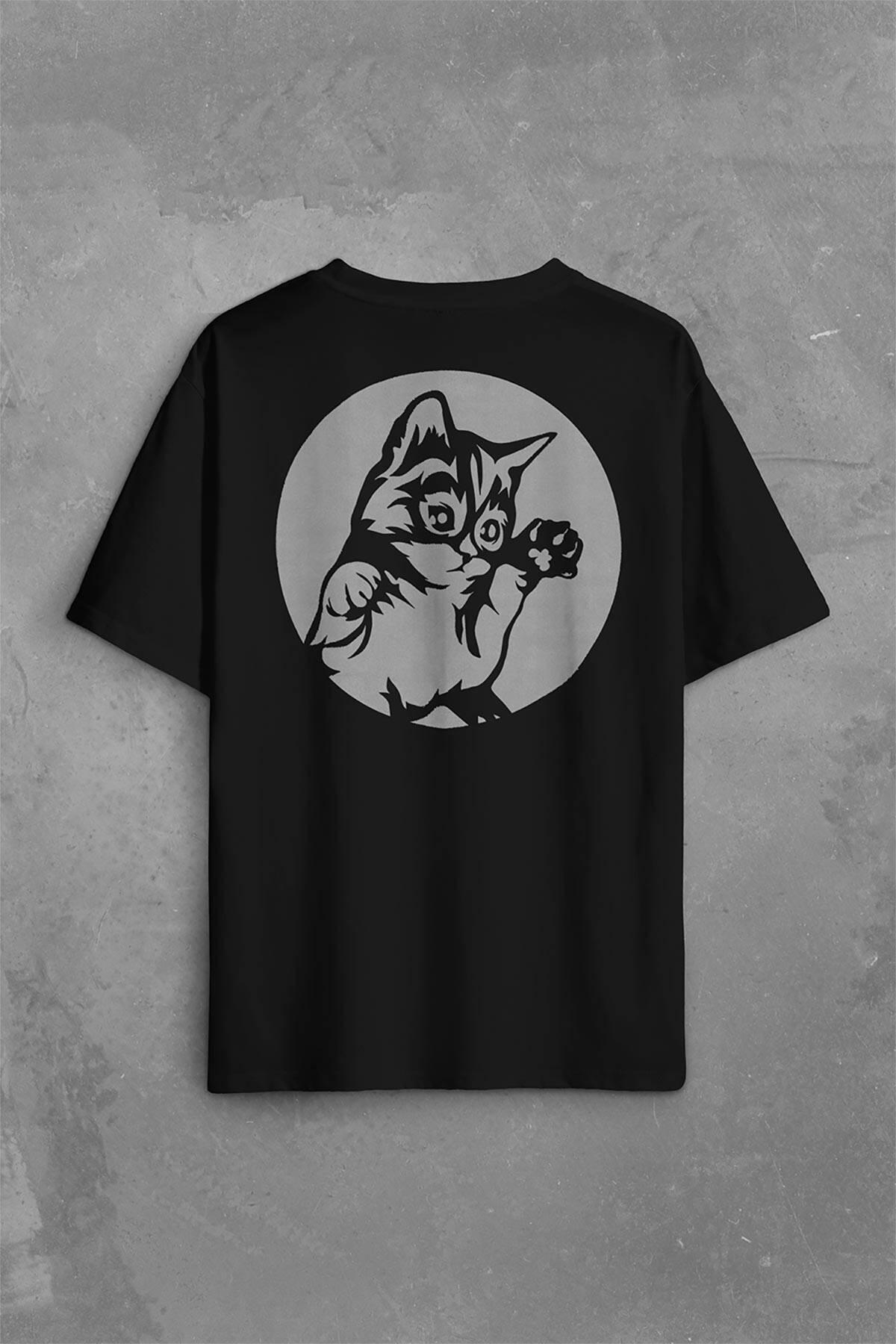 Sevimli Kedi Minik Patili Bıyıklı Cat Minnoş Sırt Ön Baskılı Oversize Tişört Unisex T-Shirt OVR12S3582 - 1