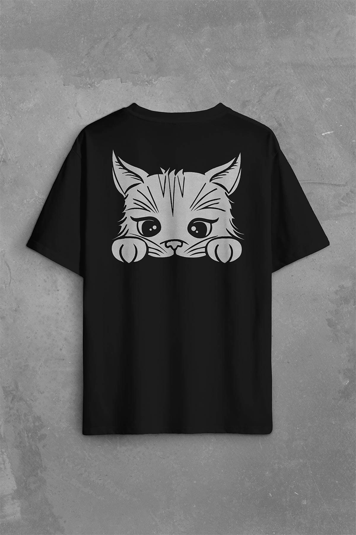 Sevimli Kedi Minik Patili Bıyıklı Cat Minnoş Sırt Ön Baskılı Oversize Tişört Unisex T-Shirt OVR12S3581 - 1