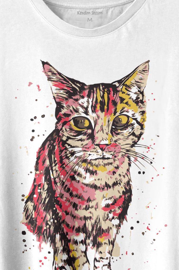 Sevimli Masum Rengarenk Kedi Çizim Silüeti Baskılı Tişört Unisex T-shirt (1)