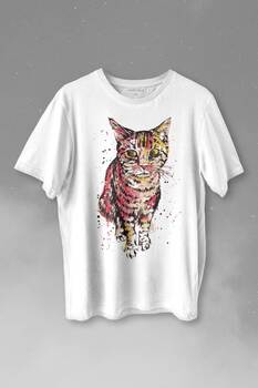Sevimli Masum Rengarenk Kedi Çizim Silüeti Baskılı Tişört Unisex T-shirt - 1