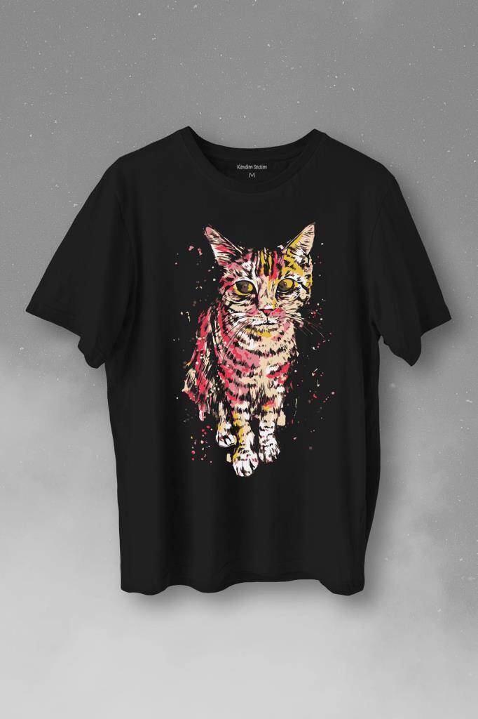 Sevimli Masum Rengarenk Kedi Çizim Silüeti Baskılı Tişört Unisex T-Shirt - 1