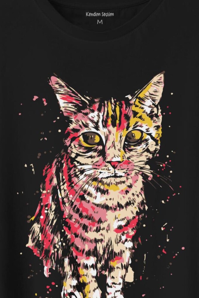 Sevimli Masum Rengarenk Kedi Çizim Silüeti Baskılı Tişört Unisex T-Shirt (1)