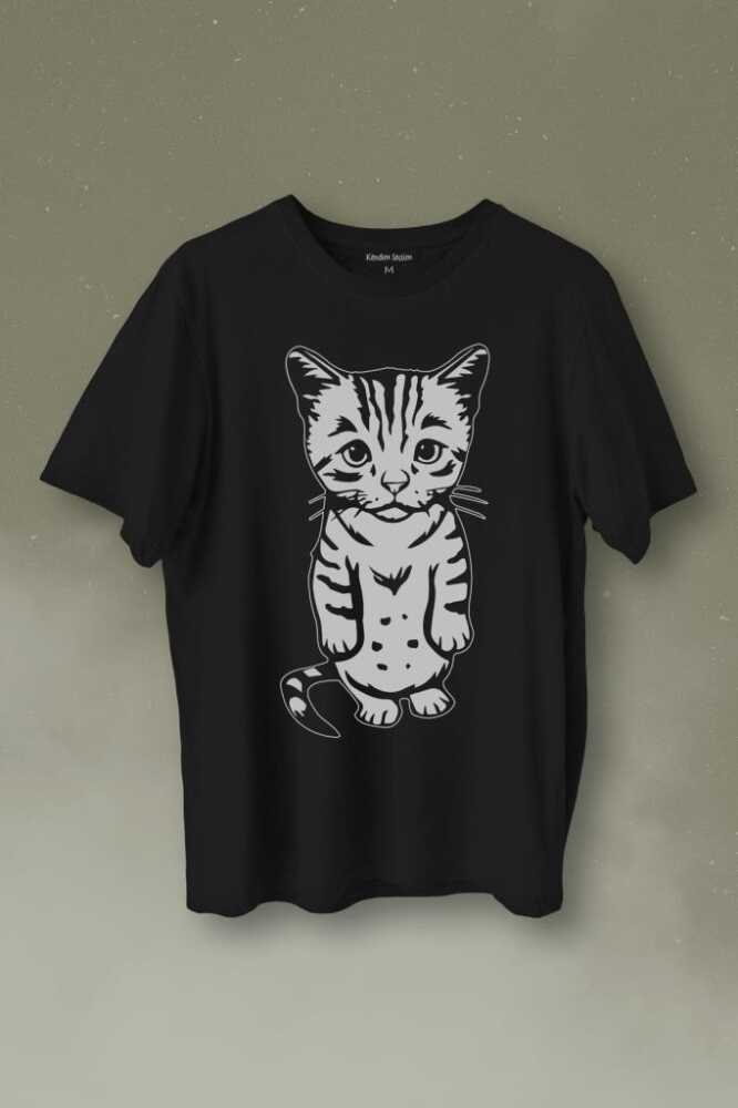 Sevimli Minik Patili Bıyıklı Cat Minnoş Mahçup Üzgün Kedi Baskılı Tişört Unisex T-Shirt - 1