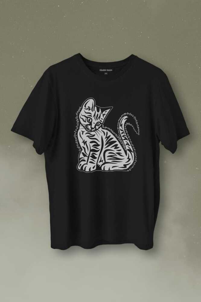Sevimli Minik Patili Bıyıklı Cat Minnoş Mahçup Üzgün Kedi Baskılı Tişört Unisex T-Shirt - 1