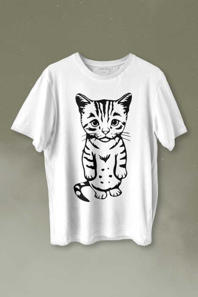 Sevimli Minik Patili Bıyıklı Cat Minnoş Mahçup Üzgün Kedi Baskılı Tişört Unisex T-shirt - 1