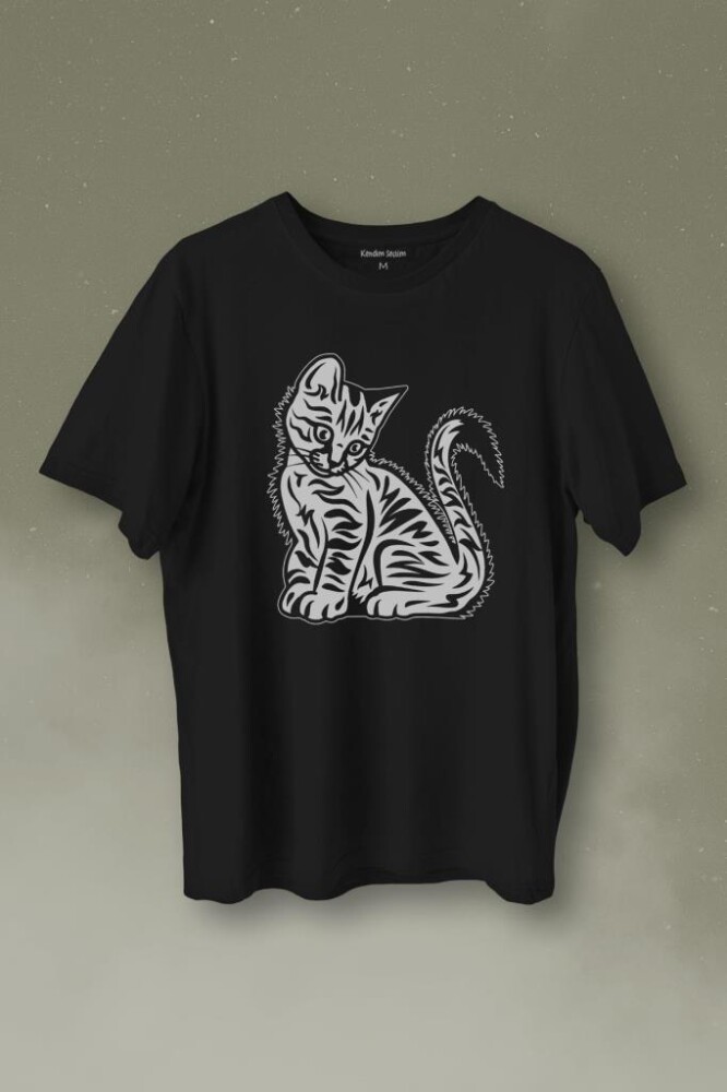 Sevimli Minik Patili Bıyıklı Cat Minnoş Mahçup Üzgün Kedi Baskılı Tişört Unisex T-Shirt - 1