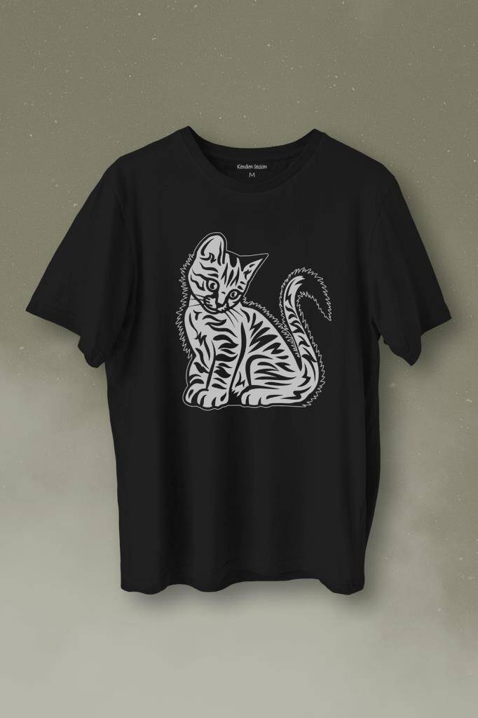 Sevimli Minik Patili Bıyıklı Cat Minnoş Mahçup Üzgün Kedi Baskılı Tişört Unisex T-Shirt - 1