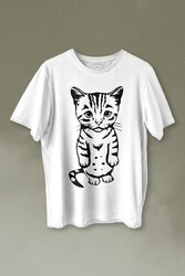 Sevimli Minik Patili Bıyıklı Cat Minnoş Mahçup Üzgün Kedi Baskılı Tişört Unisex T-shirt - 1