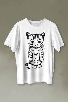 Sevimli Minik Patili Bıyıklı Cat Minnoş Mahçup Üzgün Kedi Baskılı Tişört Unisex T-shirt - 1