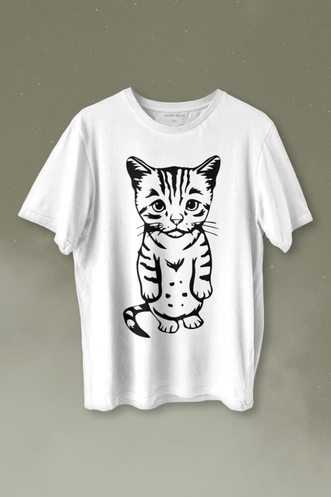 Sevimli Minik Patili Bıyıklı Cat Minnoş Mahçup Üzgün Kedi Baskılı Tişört Unisex T-shirt - 1