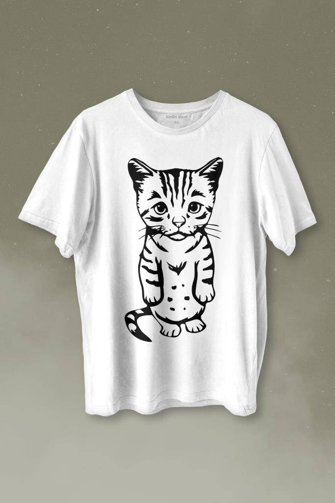Sevimli Minik Patili Bıyıklı Cat Minnoş Mahçup Üzgün Kedi Baskılı Tişört Unisex T-shirt - 1