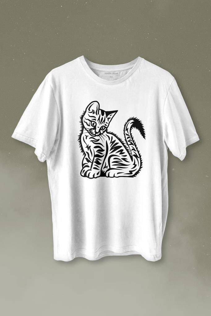 Sevimli Minik Patili Bıyıklı Cat Minnoş Mahçup Üzgün Kedi Baskılı Tişört Unisex T-shirt - 1