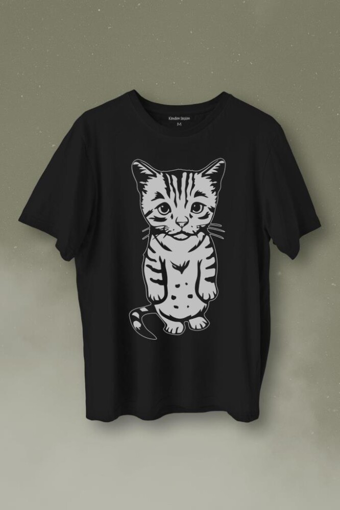 Sevimli Minik Patili Bıyıklı Cat Minnoş Mahçup Üzgün Kedi Baskılı Tişört Unisex T-Shirt - 1