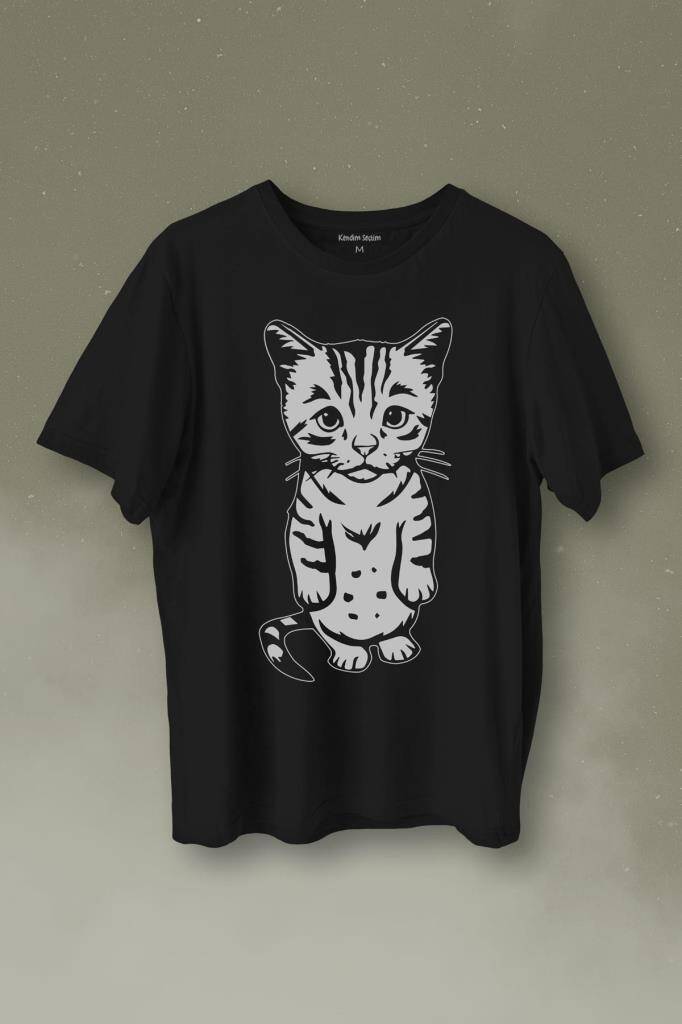Sevimli Minik Patili Bıyıklı Cat Minnoş Mahçup Üzgün Kedi Baskılı Tişört Unisex T-Shirt - 1