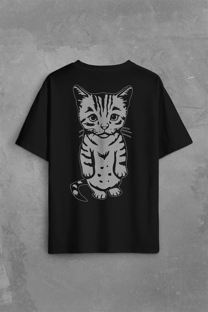 Sevimli Minik Patili Bıyıklı Cat Minnoş Mahçup Üzgün Kedi Sırt Ön Baskılı Oversize Tişört Unisex T-Shirt - KENDİM SEÇTİM