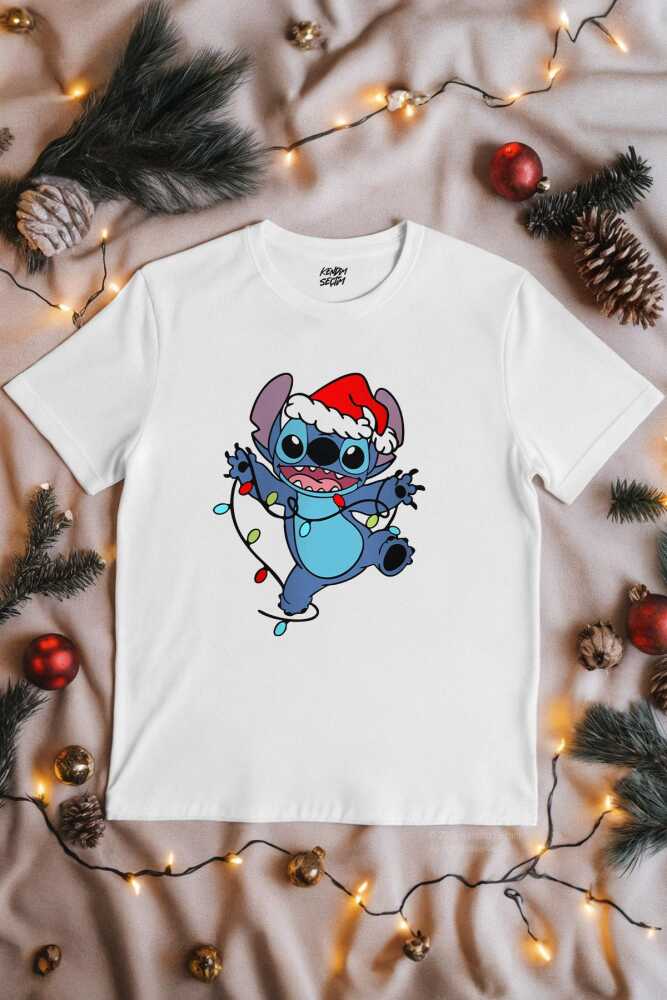 Sevimli Noel Christmas Yılbaşı Yeni Yıl Stitch New Year Baskılı Tişört Beyaz T-shirt