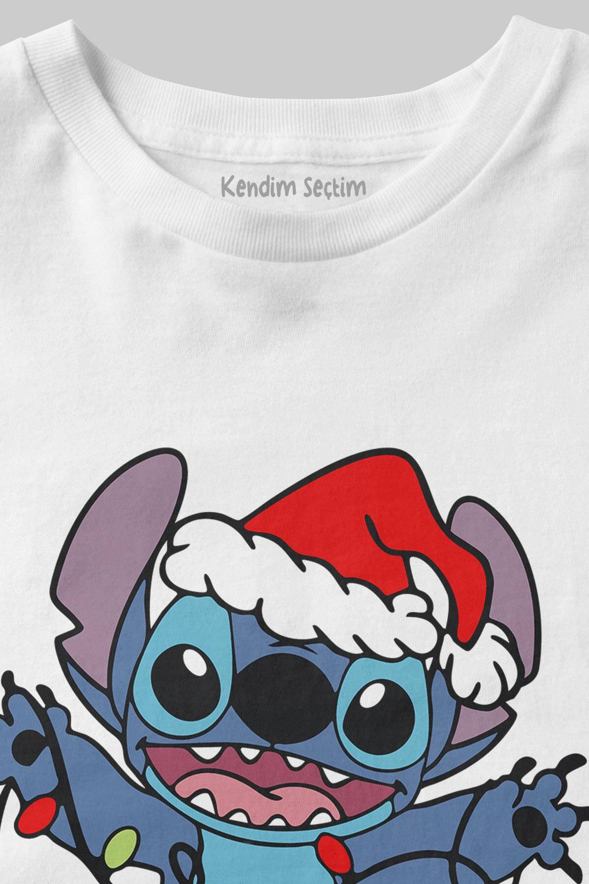 Sevimli Noel Christmas Yılbaşı Yeni Yıl Stitch New Year Baskılı Tişört Beyaz T-shirt - 3