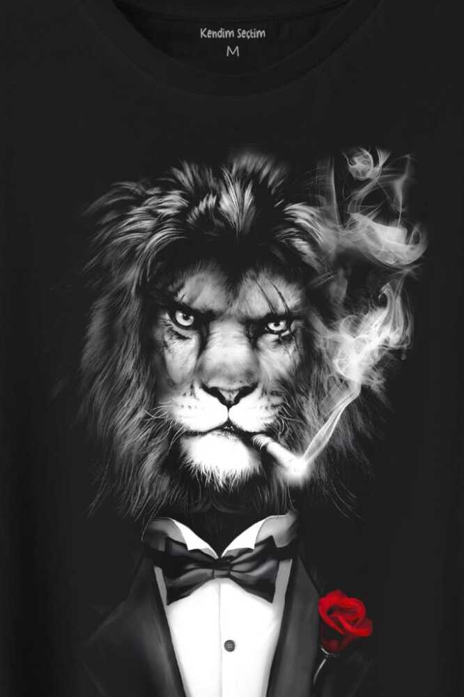 Sigara İçen King Suit Aslan Kafası Baskılı Tişört Unisex T-Shirt - 2