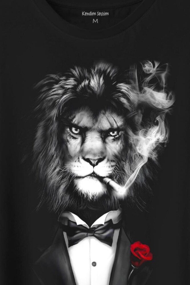 Sigara İçen King Suit Aslan Kafası Baskılı Tişört Unisex T-Shirt - 2