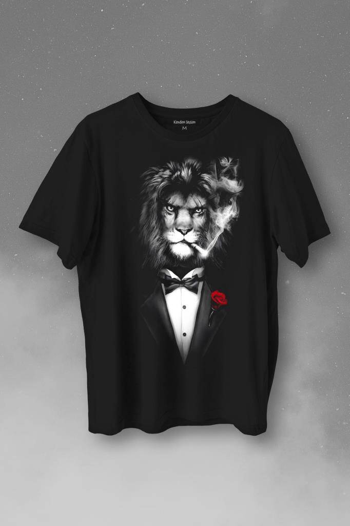 Sigara İçen King Suit Aslan Kafası Baskılı Tişört Unisex T-Shirt - 1
