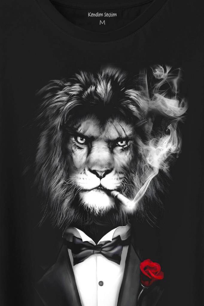 Sigara İçen King Suit Aslan Kafası Baskılı Tişört Unisex T-Shirt - 2