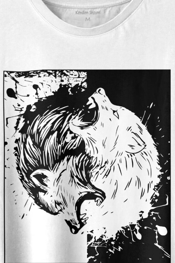 Siyah Beyaz Ying Yang İyilik Kötülük Asil Kurt Bozkurt Baskılı Tişört Unisex T-shirt - 2