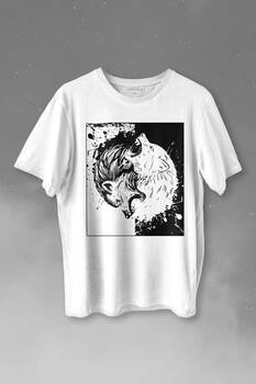 Siyah Beyaz Ying Yang İyilik Kötülük Asil Kurt Bozkurt Baskılı Tişört Unisex T-shirt - 1