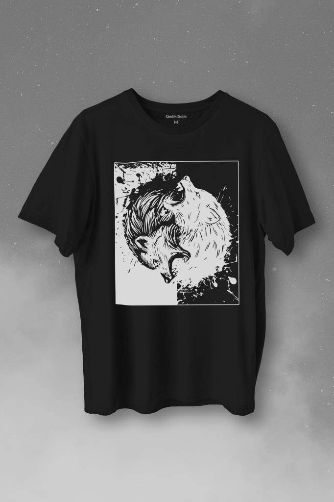 Siyah Beyaz Ying Yang İyilik Kötülük Asil Kurt Bozkurt Baskılı Tişört Unisex T-Shirt - 1