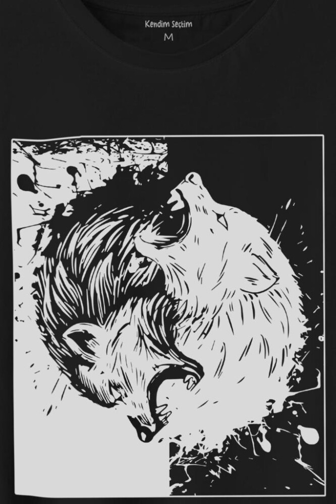 Siyah Beyaz Ying Yang İyilik Kötülük Asil Kurt Bozkurt Baskılı Tişört Unisex T-Shirt - 2