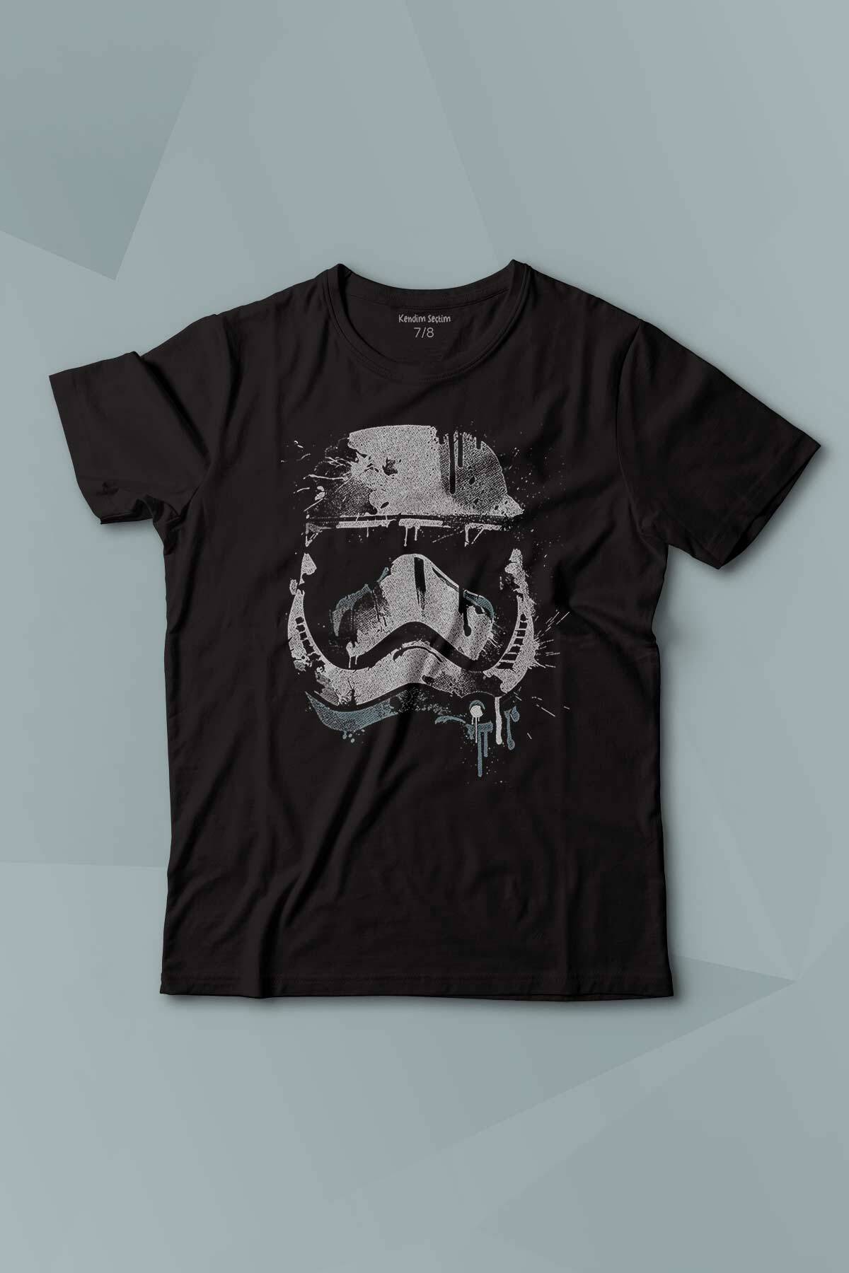 Siyah Çocuk T-shirt Star Wars Mask Gri Baskılı Çocuk Tişört Kısa Kollu - 1