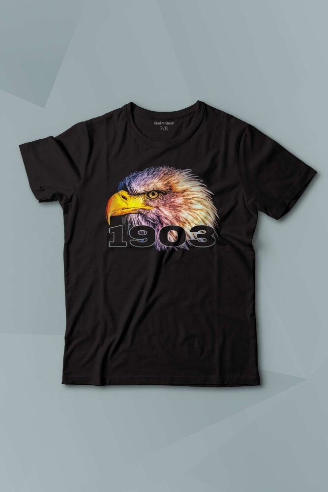 Siyah Kara Kartal Eagle Kafası Beyaz Baskılı Çocuk Tişört Kısa Kollu - KENDİM SEÇTİM