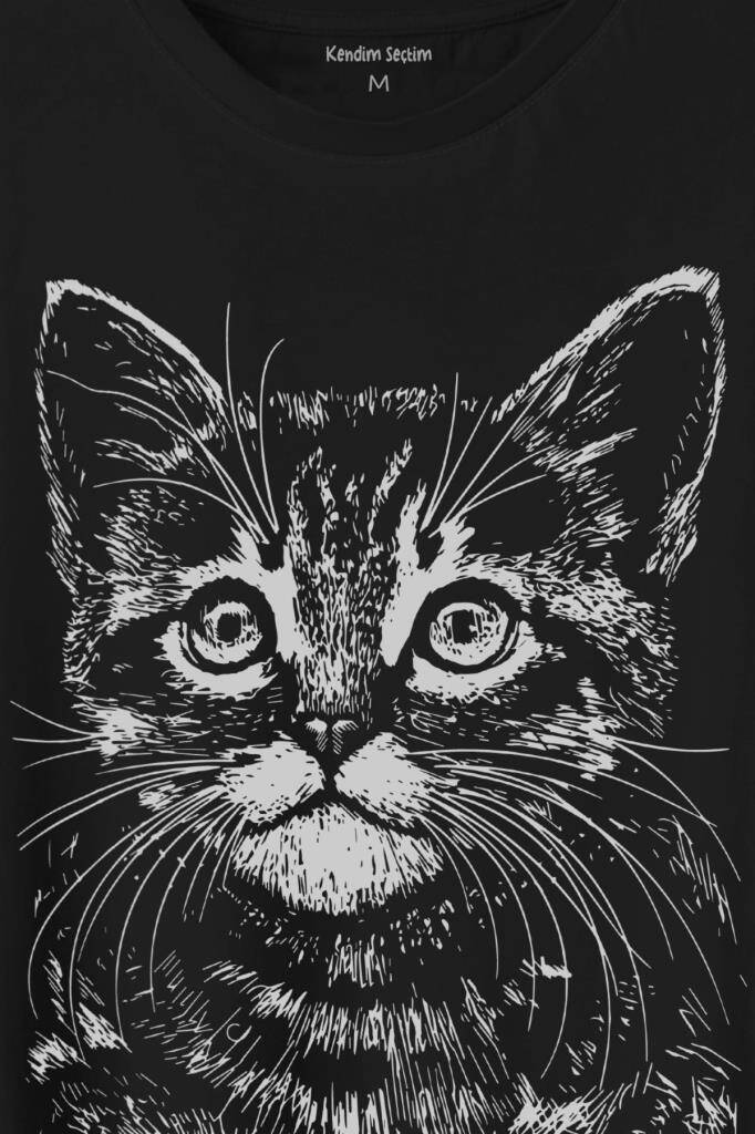 Siyah Kedi Black Cat Çizim Baskılı Tişört Unisex T-Shirt (1)