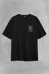 Siyah Kedi Black Cat Silüet Çizim Sırt Ön Baskılı Oversize Tişört Unisex T-Shirt - Thumbnail
