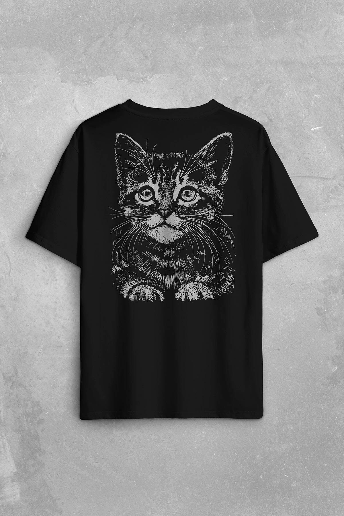 Siyah Kedi Black Cat Silüet Çizim Sırt Ön Baskılı Oversize Tişört Unisex T-Shirt - 1