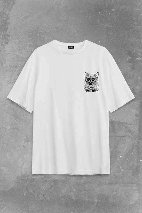 Siyah Kedi Black Cat Silüet Çizim Sırt Ön Baskılı Oversize Tişört Unisex T-Shirt - 2