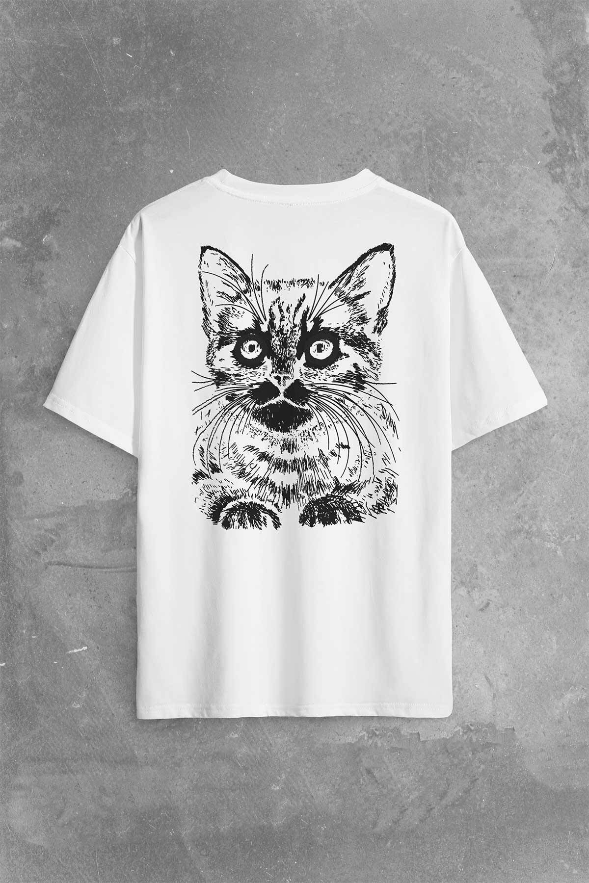 Siyah Kedi Black Cat Silüet Çizim Sırt Ön Baskılı Oversize Tişört Unisex T-Shirt - 1