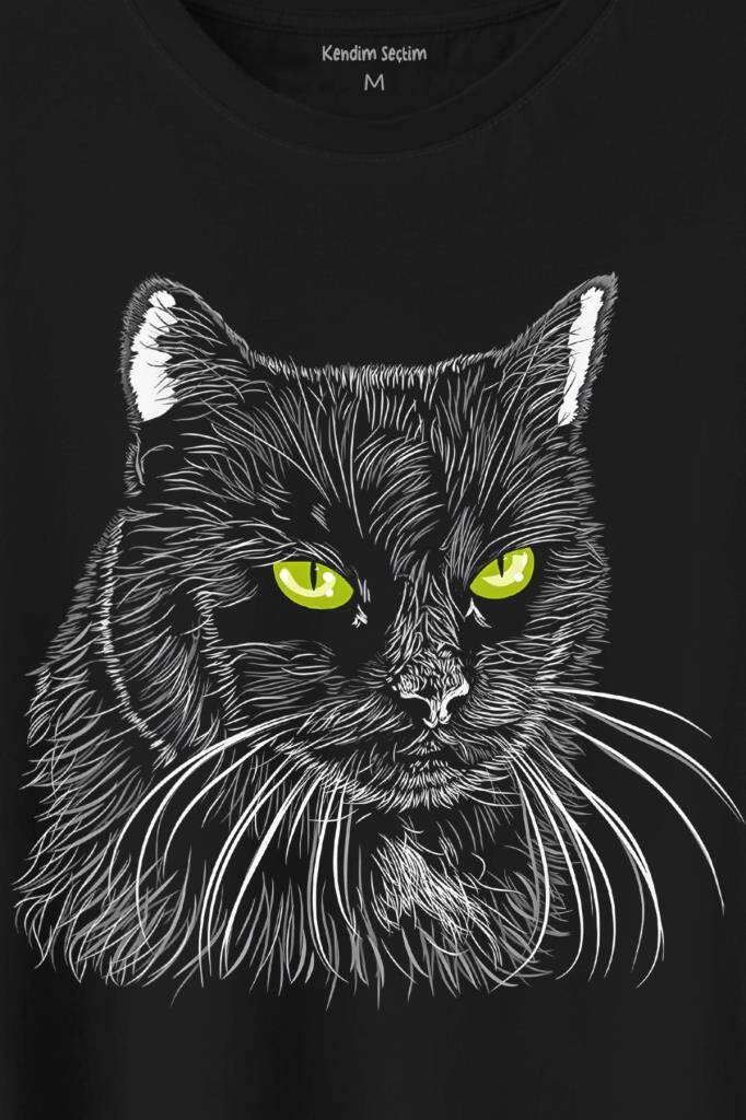 Siyah Kedi Yeşil Gözlü Black Cat Çizim Baskılı Tişört Unisex T-Shirt (1)