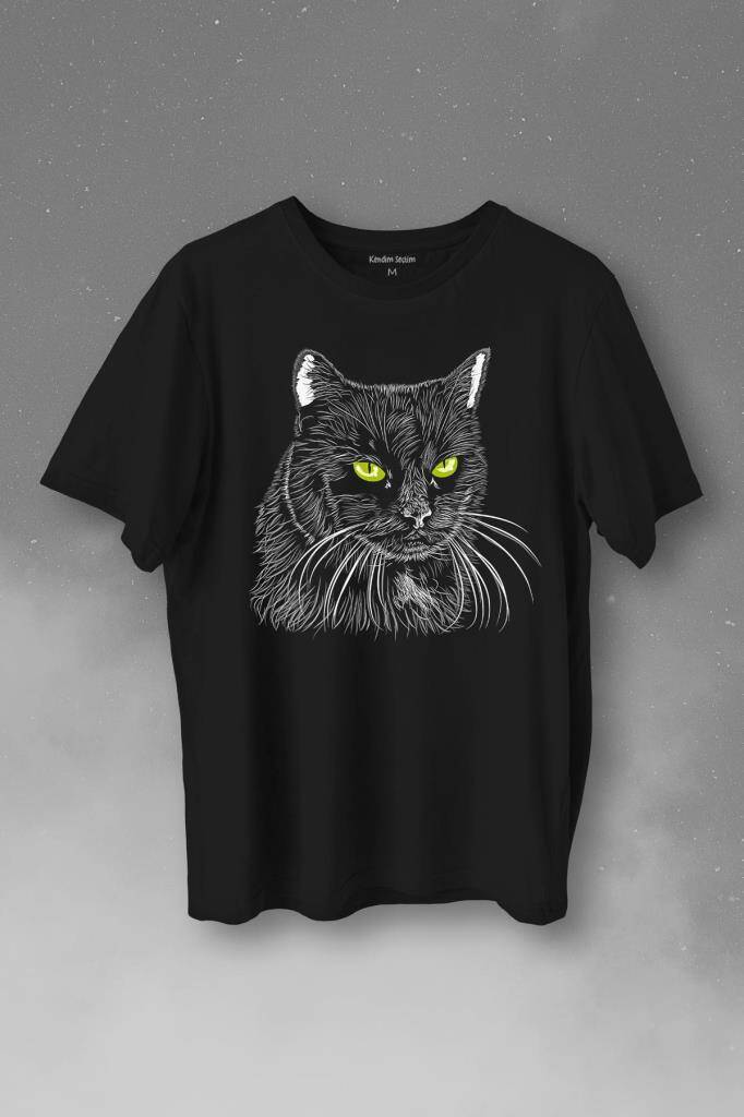 Siyah Kedi Yeşil Gözlü Black Cat Çizim Baskılı Tişört Unisex T-Shirt - 1