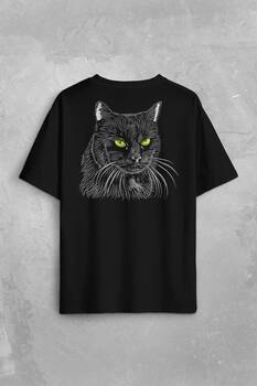 Siyah Kedi Yeşil Gözlü Black Cat Çizim Sırt Ön Baskılı Oversize Tişört Unisex T-Shirt