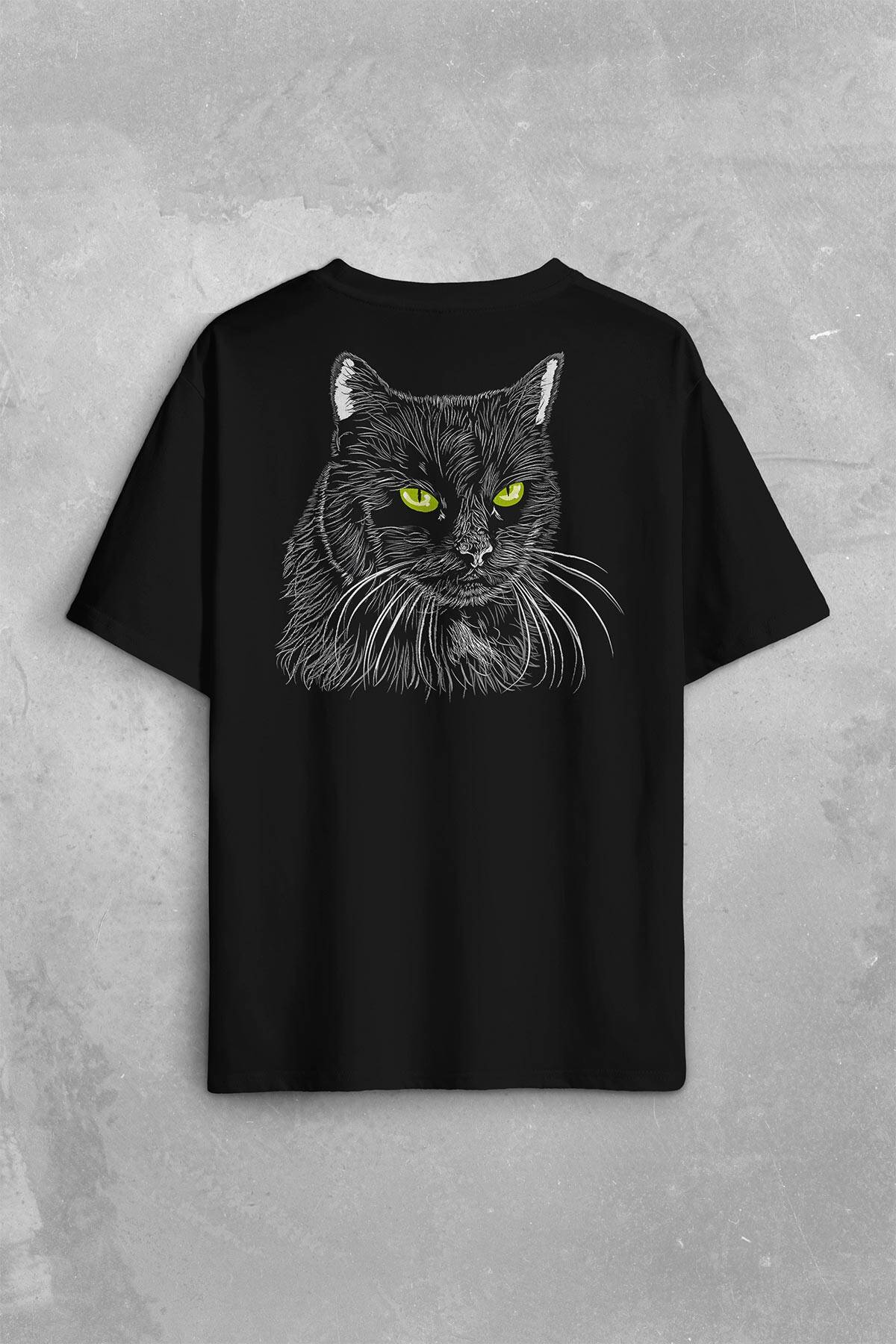 Siyah Kedi Yeşil Gözlü Black Cat Çizim Sırt Ön Baskılı Oversize Tişört Unisex T-Shirt - 1