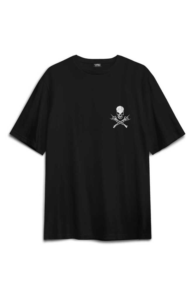 Siyah Oversize Skeleton Playing Guitar Heavy Metal Skull İskelet Gitar Baskılı Unisex T-shirt (1)