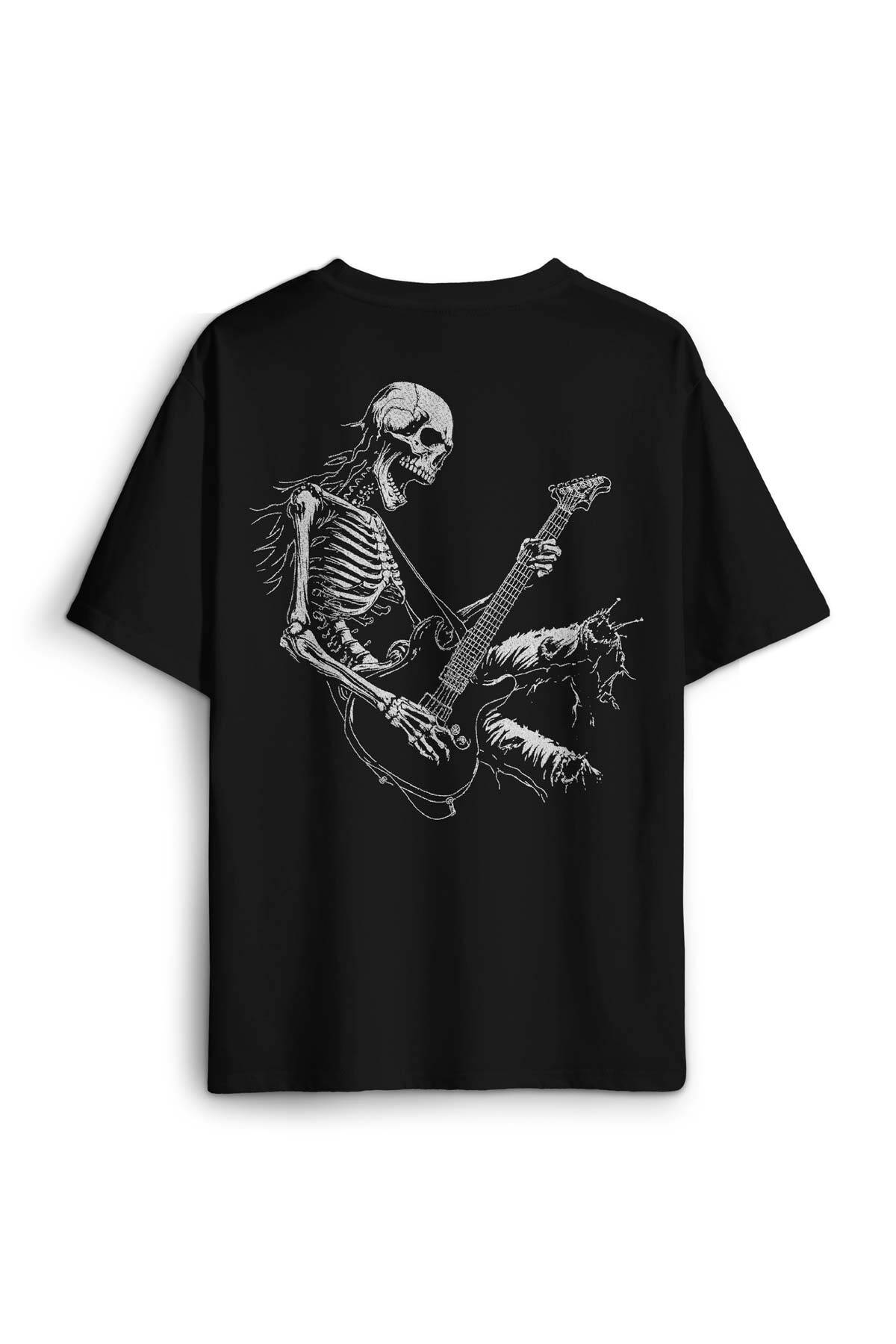 Siyah Oversize Skeleton Playing Guitar Heavy Metal Skull İskelet Gitar Baskılı Unisex T-shirt - 1