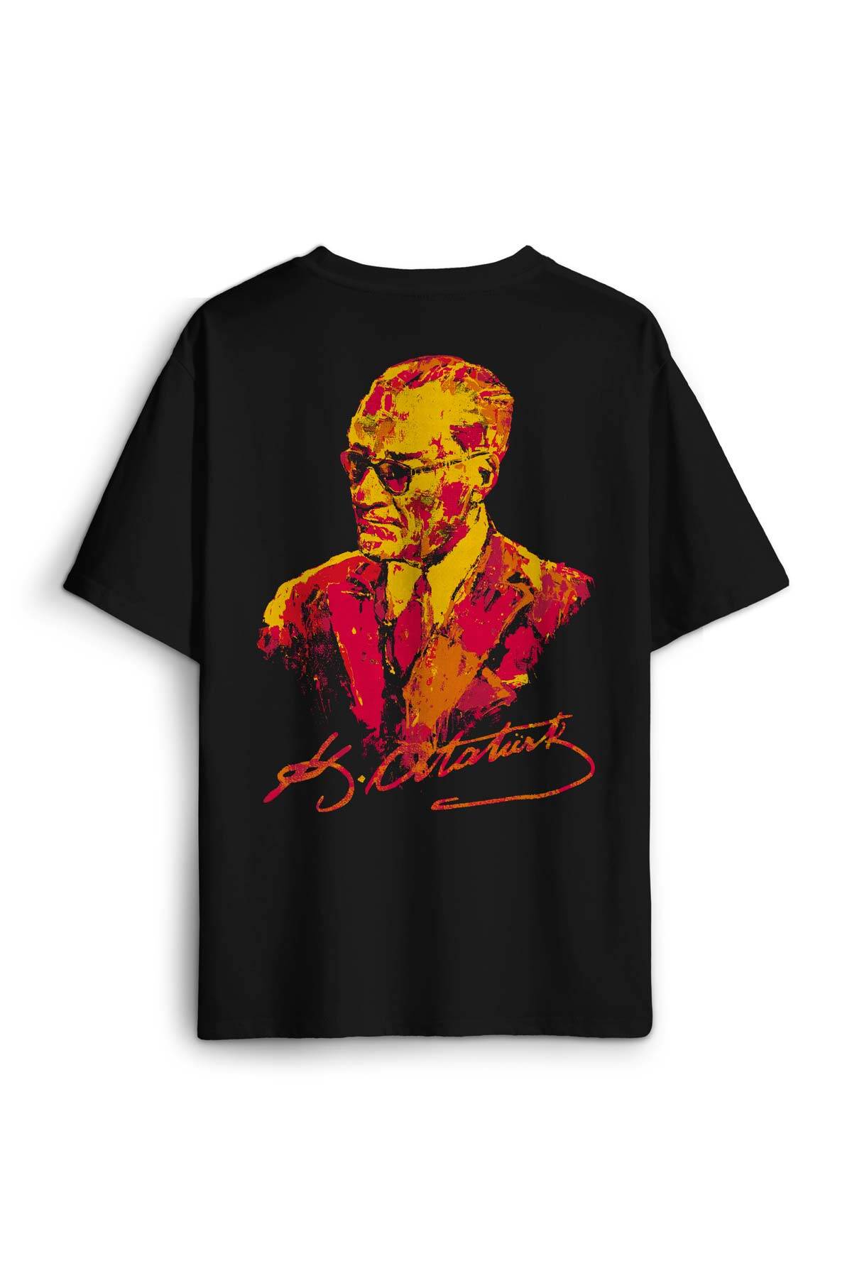 Siyah Oversize T-shirt Atatürk Sarı Kırmızı Sırt Ön Baskılı Tişört Unisex - 1